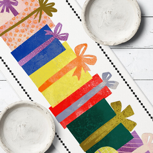 Доріжка на стіл (ранер) «Подарунки» з повноколірний принтом 150х40 см (DR_23NG009)