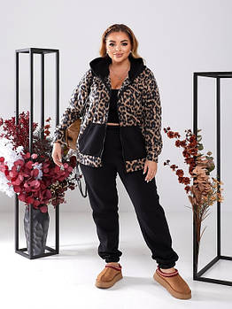 Жіночий спортивний костюм з принтом леопард, кофта з кишенями і капюшоном та штани на манжетах з 48 по 62 розмір