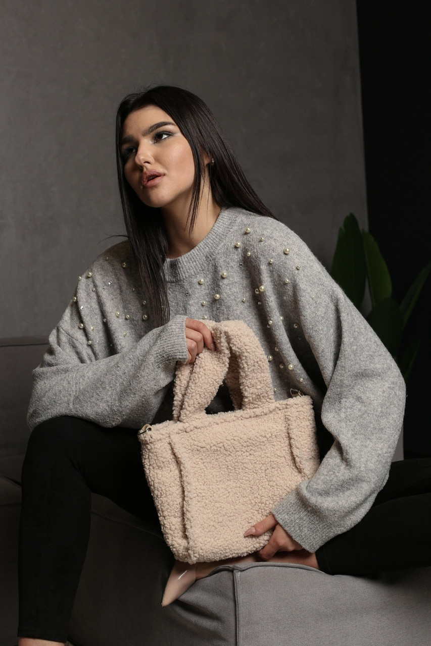 Сумочка жіноча шопер стильна 28*21 см на блискавці з довгим ремінцем хутро Тедді Nata Бежевий, фото 1