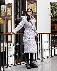 Зимове жіноче тепле якісне сіре класичне стьобане пальто, плащ с капюшоном Мічиган