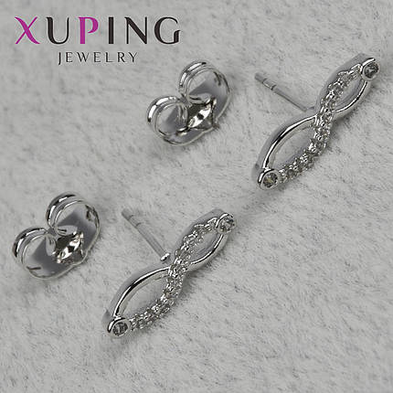 Серьги пуссеты гвоздики серебристого цвета размер 14х4 мм фирма Xuping Jewelry восьмёрочки со стразами, фото 1