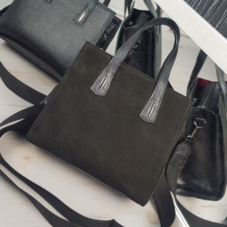 Жіноча замшева чорна сумка шкіряна саквояж з ручками, Класична сумочка з натуральної шкіри та замші