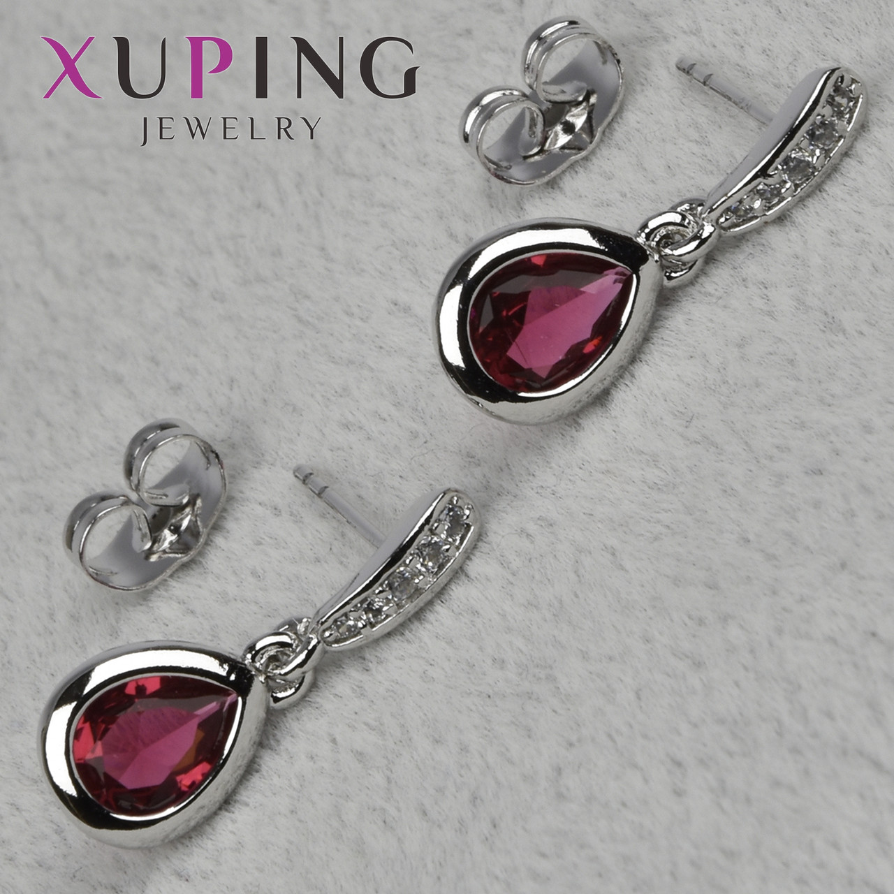 Серьги пуссеты гвоздики серебристого цвета размер 20х8 мм фирма Xuping Jewelry с розовыми сафпирами