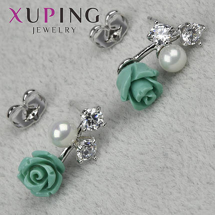 Серьги пуссеты гвоздики серебристого цвета размер 20х10 мм фирма Xuping Jewelry розочки со стразами и бусиной, фото 1