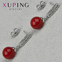 Сережки пузети гвоздики сріблястого кольору розмір 30х8 мм фірма Xuping Jewelry з червоними намистинами та стразами