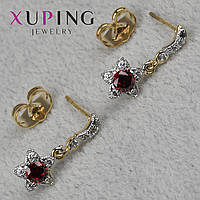 Сережки пускети гвоздики золотистого кольору розмір 18х7 мм фірма Xuping Jewelry зірочки з червоними фіанітами