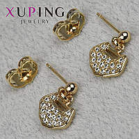 Сережки пуссети гвоздики золотистого кольору розмір 15х10 мм фірма Xuping Jewelry котики з білими стразами
