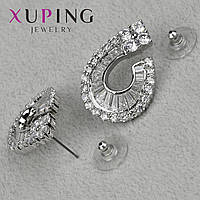 Серьги пуссеты гвоздики массивные серебристого цвета размер 30х20 мм фирма Xuping Jewelry с кристаллами