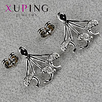 Серьги пуссеты гвоздики серебристого цвета размер 20х20 мм фирма Xuping Jewelry дельфинчики со стразами