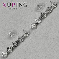 Серьги пуссеты гвоздики серебристого цвета размер 40х7 мм фирма Xuping Jewelry висюльки с белыми кристаллами