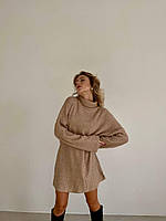 Женский оверсайз вязаный свитер туника теплый стильный длинный удобный Бежевый