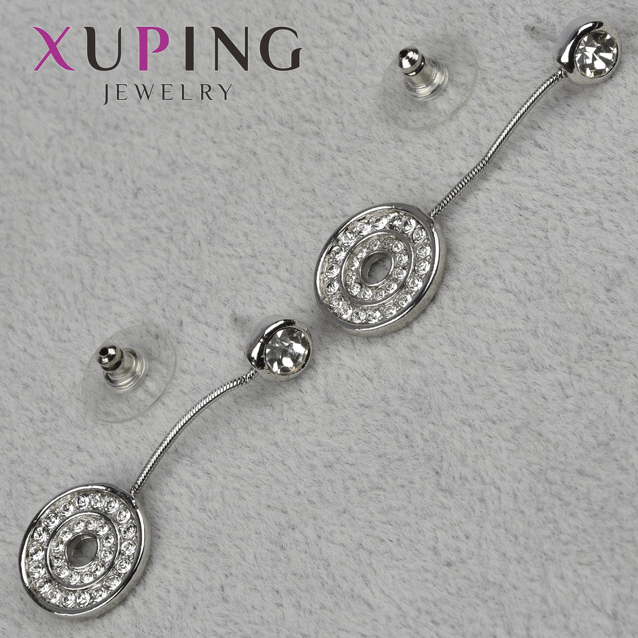 Серьги пуссеты гвоздики серебристого цвета размер 40х14 мм фирма Xuping Jewelry с хрустальными камушками