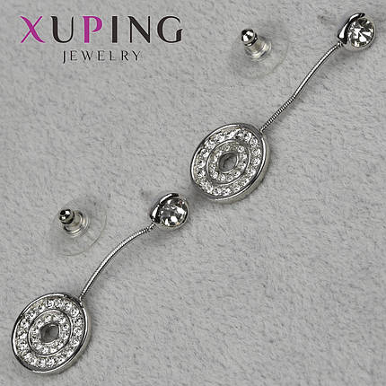 Серьги пуссеты гвоздики серебристого цвета размер 40х14 мм фирма Xuping Jewelry с хрустальными камушками, фото 1