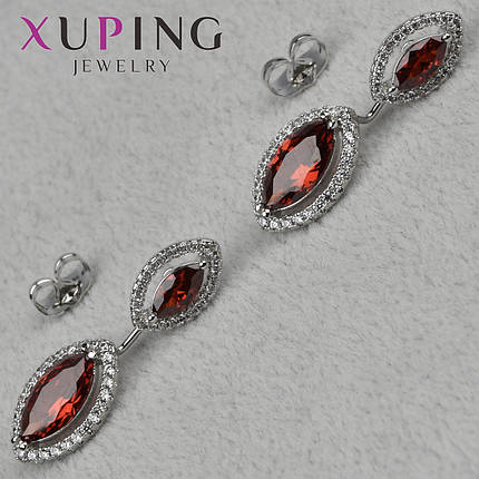 Серьги пуссеты гвоздики серебристого цвета размер 35х10 мм фирма Xuping Jewelry с рубиновыми кристаллами, фото 1