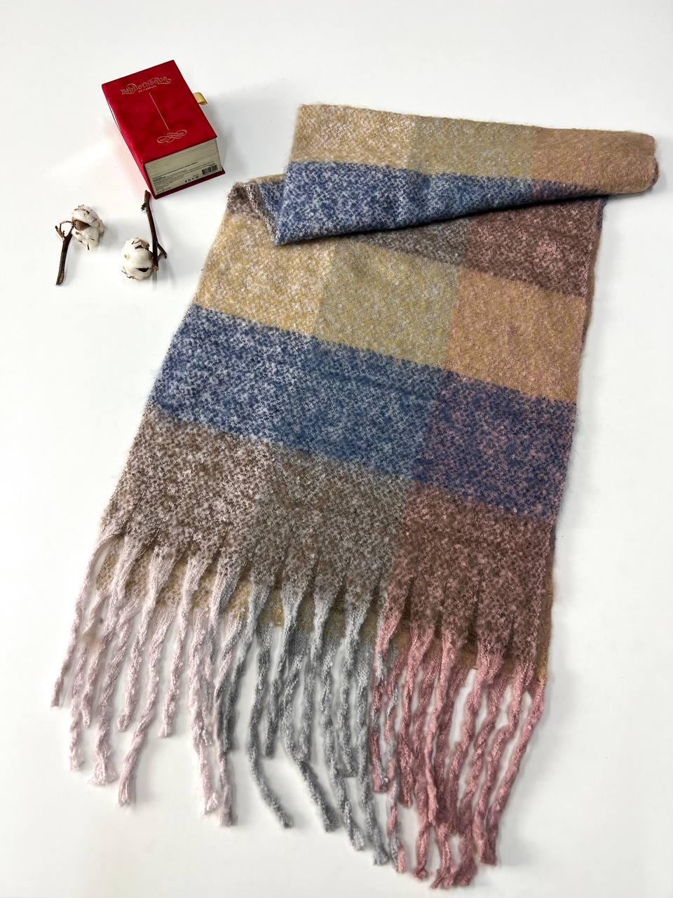 Теплий об`ємний шарф Дербі клітина 190*50 см коричневий/синій