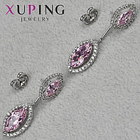 Серьги пуссеты гвоздики серебристого цвета размер 33х10мм фирма Xuping Jewelry висюльки с розовыми кристаллами