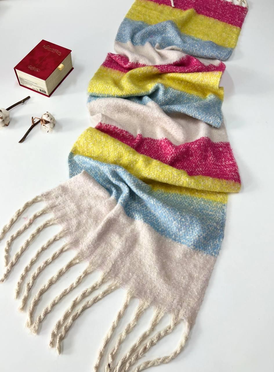 Теплий об`ємний шарф Дербі смужка 190*50 см малиновий/жовтий/блакитний