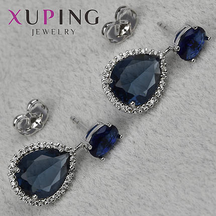 Серьги пуссеты гвоздики серебристого цвета размер 23х11 мм фирма Xuping Jewelry с синими и белыми фианитами, фото 1