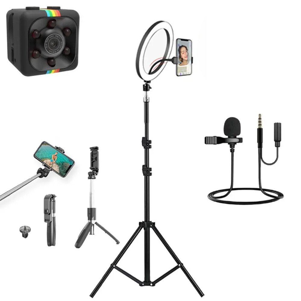 Набір блогера 5 в 1 Кільцева світлодіодна лампа 26 см Штатив 2м Петличний мікрофон Селфі трипод Блютуз, фото 1