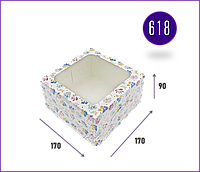 Коробка самосборная из мелованного картона с окном для бенто торта кексов 170х170х90 Цветочный принт -10 шт/уп