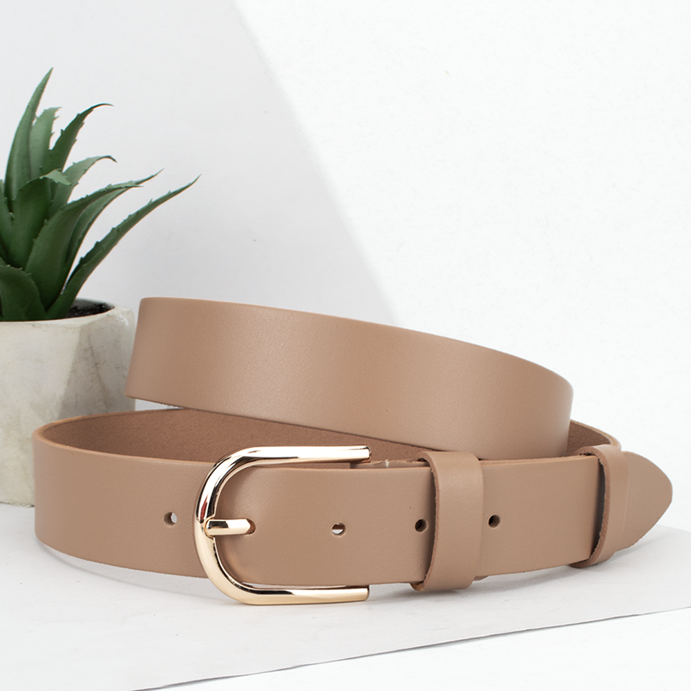 Ремінь жіночий бежевий шкіряний HC-3452 (125 см) з золотою пряжкою, фото 1