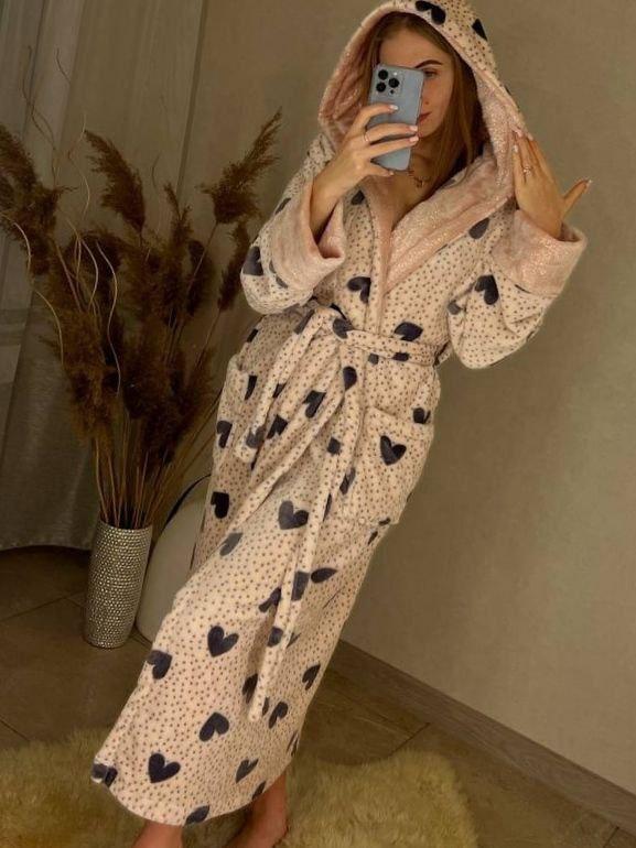 Теплий жіночий довгий махровий халат із серцями ТУРЦІЯ, фото 1