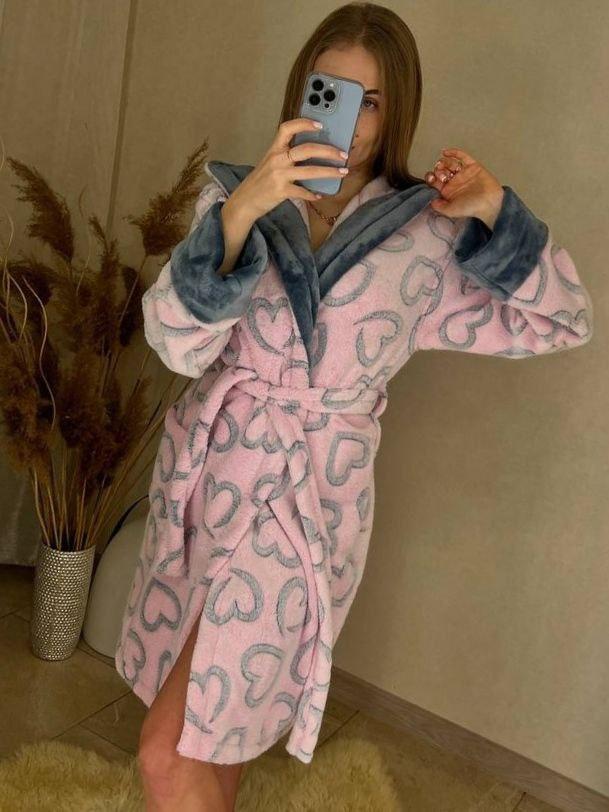 Стильний теплий жіночий махровий халат із серцями та капюшоном, фото 1