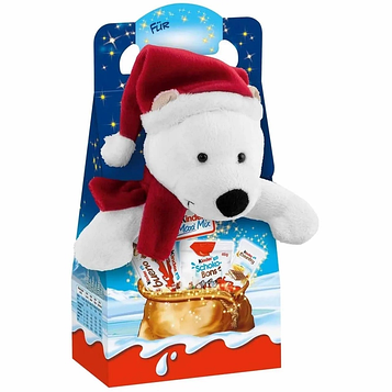 Новорічний набір солодощів з м'якою іграшкою Білий Ведмідь Kinder Maxi Mix, 133 г