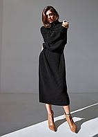 Длинное вязанное платье с поясом черного цвета. Модель 2534 Trikobakh