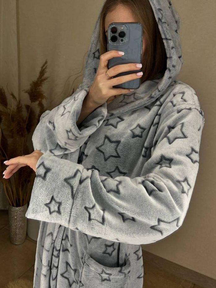 Халат жіночий махровий довгий із капюшоном сірі зірки, фото 1