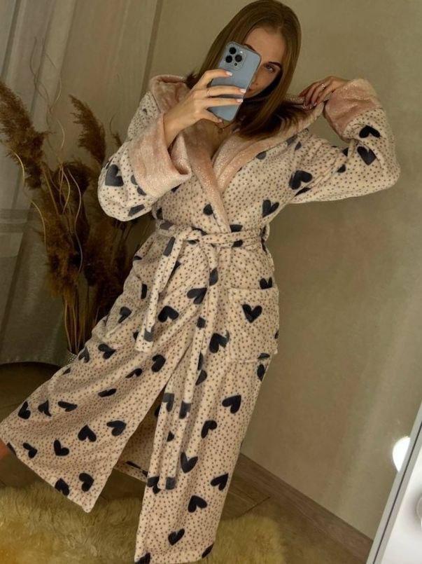 Теплий жіночий довгий махровий халат із серцями ТУРЦІЯ, фото 1