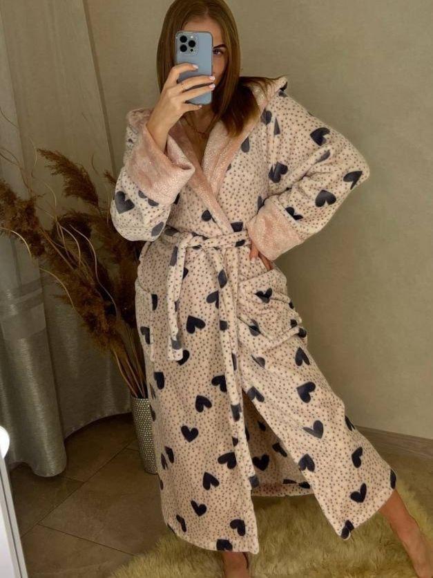 Теплий жіночий довгий махровий халат із серцями ТУРЦІЯ