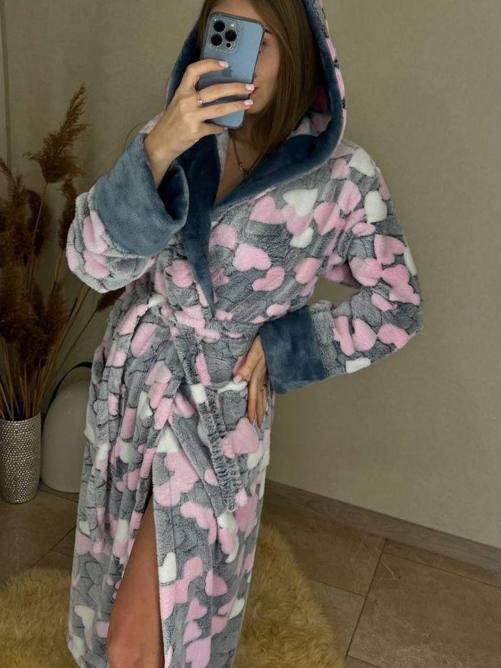 Теплий жіночий довгий махровий халат із серцями Туреччина