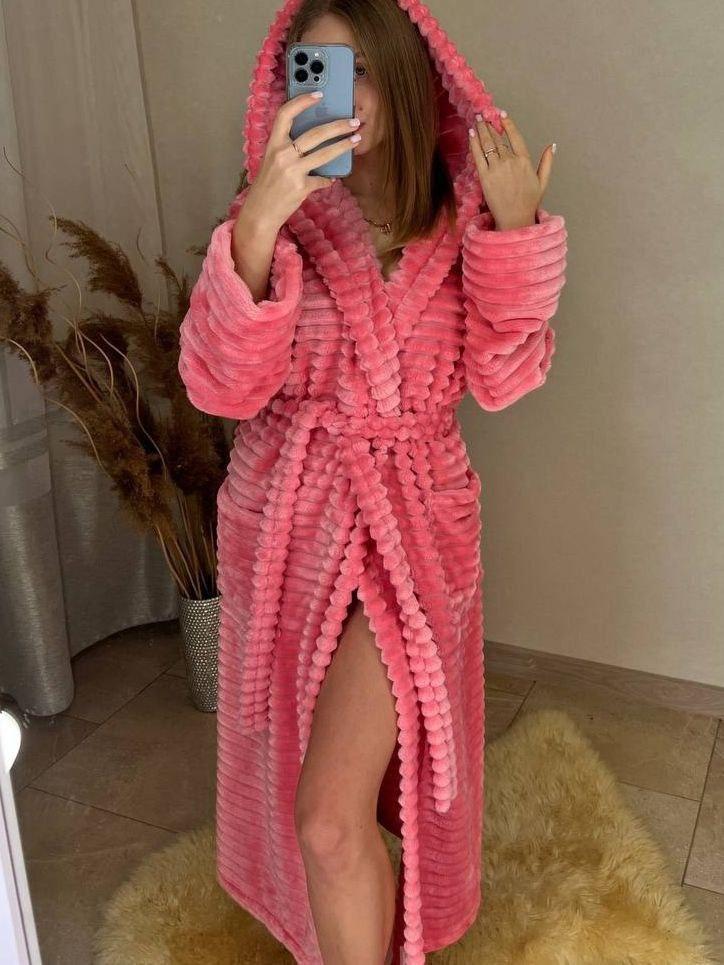 Теплий жіночий довгий рожевий махровий халат у смужку ТУРЦІЯ