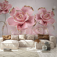 Фотообои объемные с цветами "3Д розы с золотом"