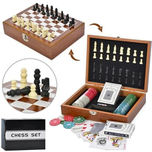 Настільна гра 2в1 шахи та покер XQ12099 (валіза-шахова дошка, 100 фішок, 2 колоди карт, набір фігур, пластик)
