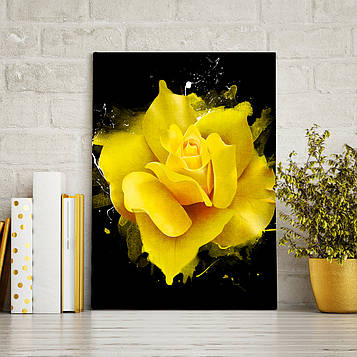 Дизайнерська картина на полотні 50х70 "Жовта троянда з бризками"
