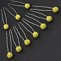 Шпилька для волос серебристая металлическая жёлтая шамбала 9 мм в стразах длина 6,5 см упаковка из 10 штук