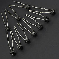 Шпилька для волос серебристая металлическая черная шамбала 9 мм в стразах длина 6,5 см упаковка из 10 штук