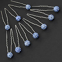 Шпилька для волос серебристая металлическая голубая шамбала 9 мм в стразах длина 6,5 см упаковка из 10 штук