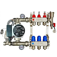 Коллектор для теплого пола в сборе с насосом на 3 контура ITAL (Италия) нержавеющая сталь