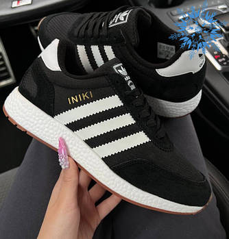 Жіночі кросівки зимові Adidas Iniki теплі на флісі термо повсякденні чорні з білим. Адідас ініки