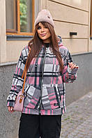 Жіноча зимова флісова куртка на хутрі картата розміри БАТАЛ 48-58 Рожевий, 48/50