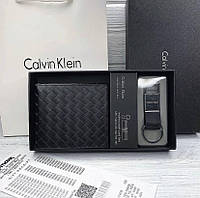 Мужской кошелек из натуральной кожи черный Calvin Klein и брелок в подарочной упаковке