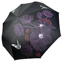 Женский складной зонт полуавтомат на 9 спиц от Toprain с принтом цветов, черный топ