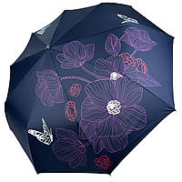 Женский складной зонт полуавтомат на 9 спиц от Toprain с принтом цветов, темно-синий топ