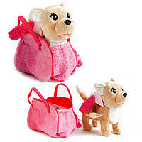 Мягкая интерактивная игрушка Собачка в сумочке на поводке, розовая, высота 26 см, интерактивная, ходит, поет