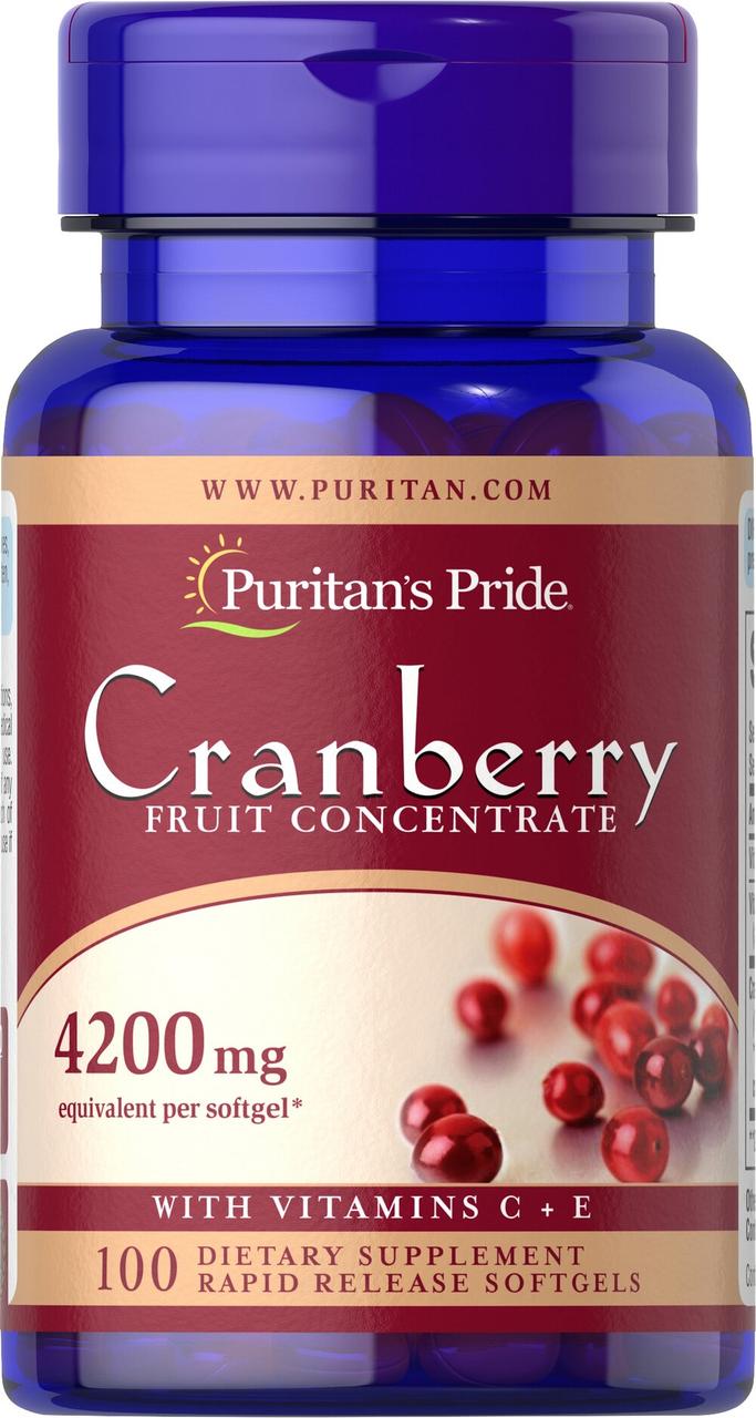 Клюква с витаминами C и E, Cranberry Fruit Concentrate, Puritan's Pride, 4200 мг, 100 гелевых капсул - фото 1 - id-p2024854228
