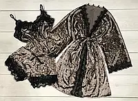 ВЫБОР ЦВЕТА Пижама женская 3в1 пижама и халат велюр с кружевом Капучино