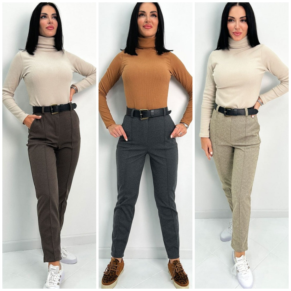 Жіночі штани — 1705-фг — Стильні демісезонні теплі жіночі штани з високою талією